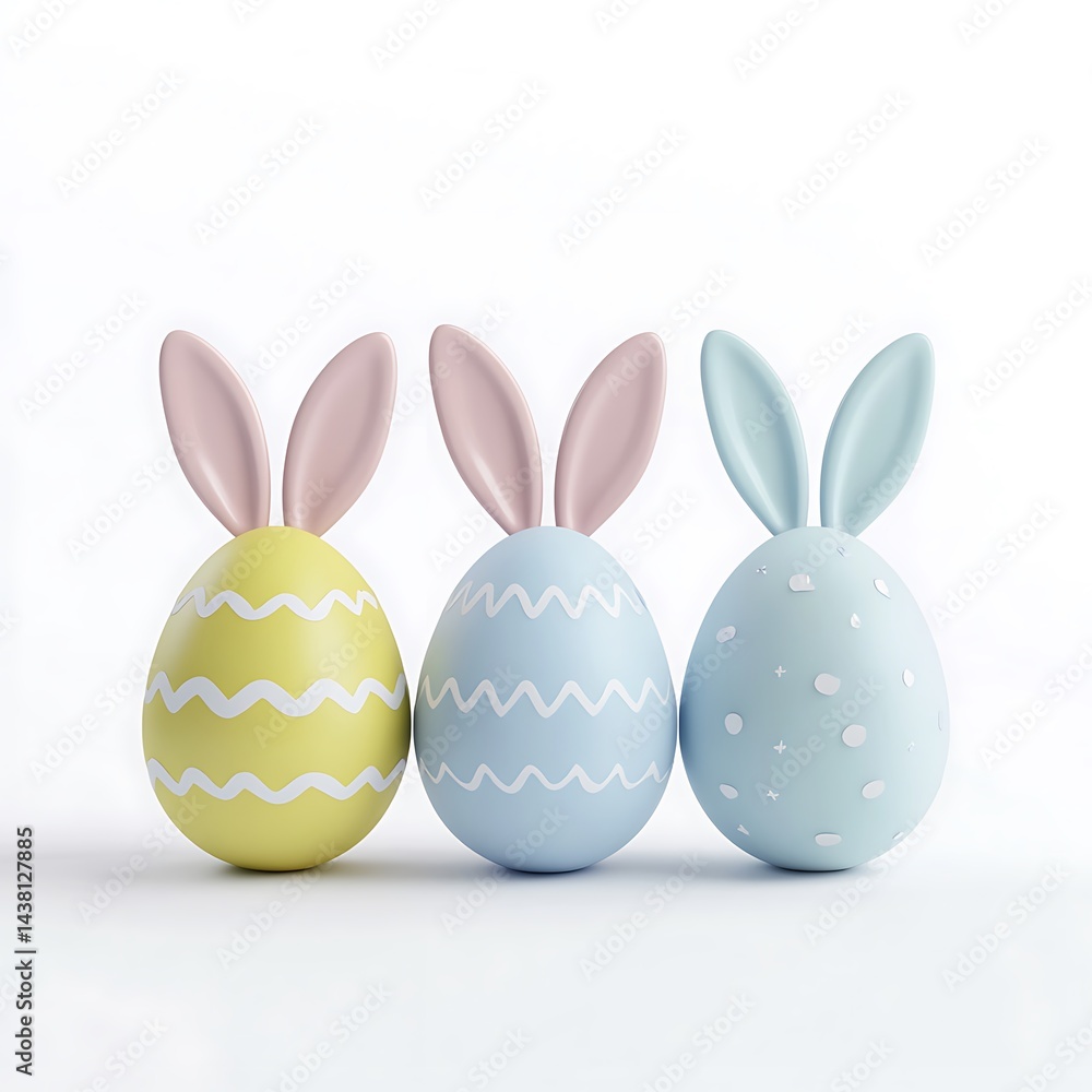Playful pastel-colored Easter eggs with bunny ears in pink, blue, and yellow on white background image Playful pastel-colored Easter eggs with bunny ears in pink, blue, and yellow on white background image