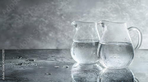 Elegant glass water pitchers reflecting morning light on a sleek surface capturing tranquility in still life