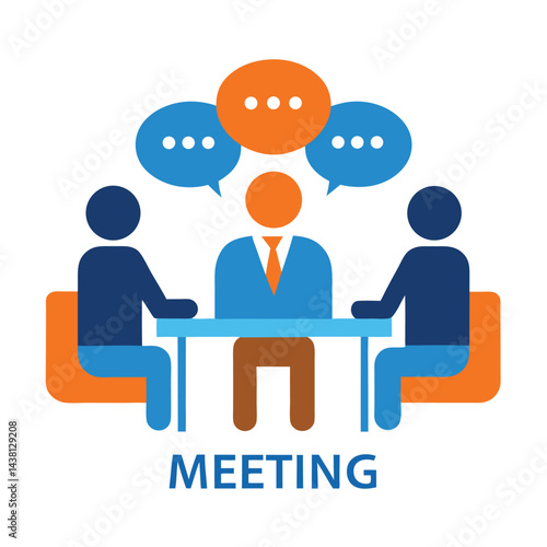 People Icon Discussing at Table with Speech Bubbles, Orange and Blue Color Scheme