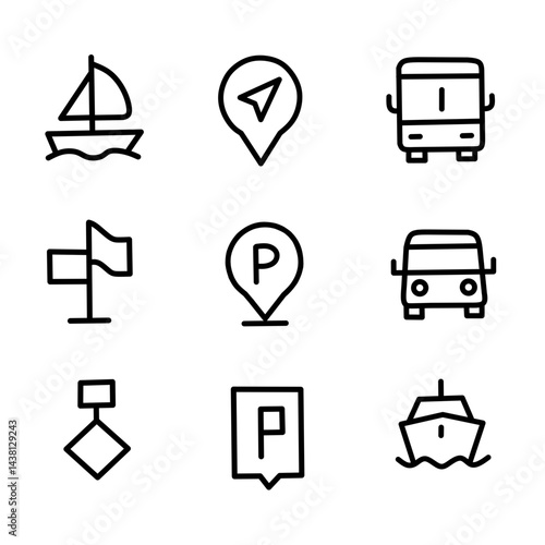 Set of Transportation and Navigation Line Icons - Travel and Location Elements