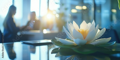 The image showcases a peaceful office environment with a water lily (lotus flower) in full bloom, resting on the surface of a reflective water fountain. The lily's presence brings a touch of nature