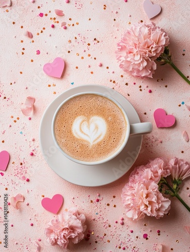 An image of a latte with a heart design in foam, placed on a white saucer. The latte is set against a backdrop of pink flowers, tiny hearts, and confetti. It's presented on a surface that appears to