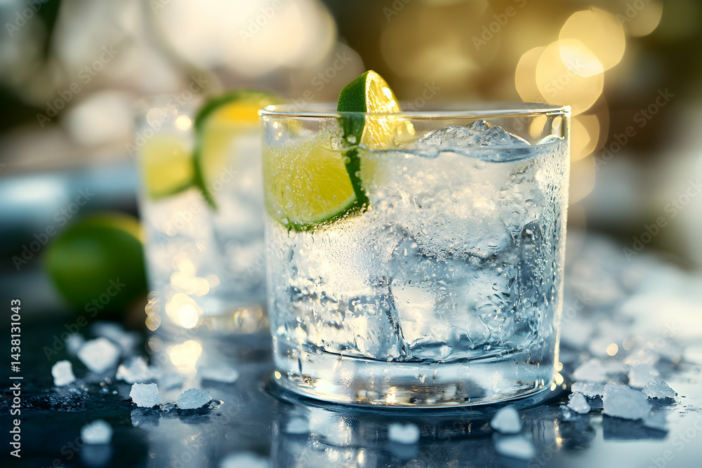 Refreshing cocktail with lime in clear glass on ice Refreshing cocktail with lime in clear glass on ice