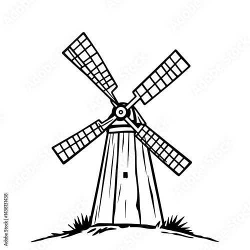 Black and White Illustration of a Traditional Windmill