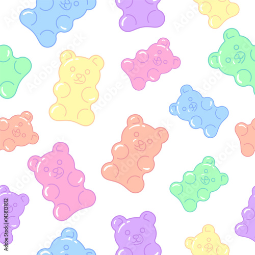 Gummy bears, marmalade, jelly seamless pattern, background. Cute cartoon style drawings, illustration