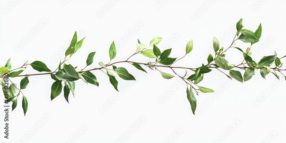 A minimalist illustration of a branch with leaves, suitable for use as a decorative border in graphic design. The leaves, rendered in a realistic style, have a green hue and are placed against a stark A minimalist illustration of a branch with leaves, suitable for use as a decorative border in graphic design. The leaves, rendered in a realistic style, have a green hue and are placed against a stark