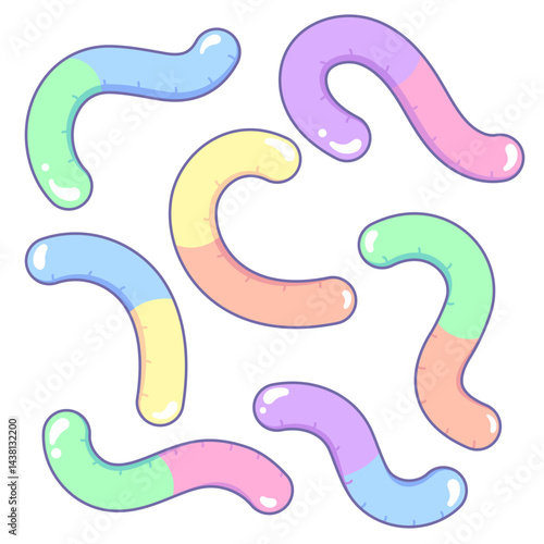 Gummy worms, marmalade, jelly, set of cute cartoon style drawings, illustration