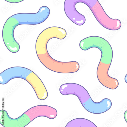 Gummy worms, marmalade, jelly seamless pattern, background. Cute cartoon style drawings, illustration