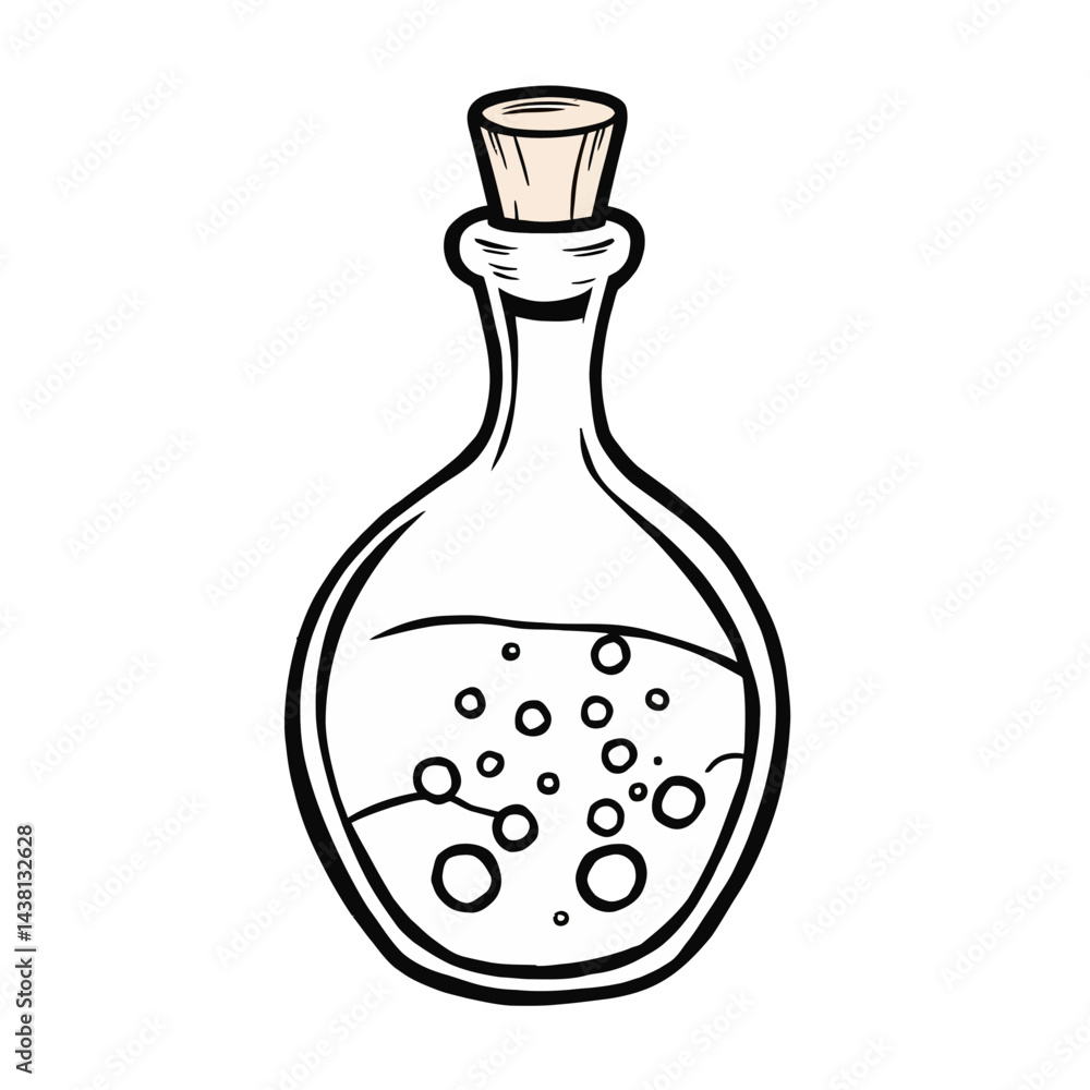 Cartoon Glass Bottle with Cork and Bubbling Liquid Cartoon Glass Bottle with Cork and Bubbling Liquid