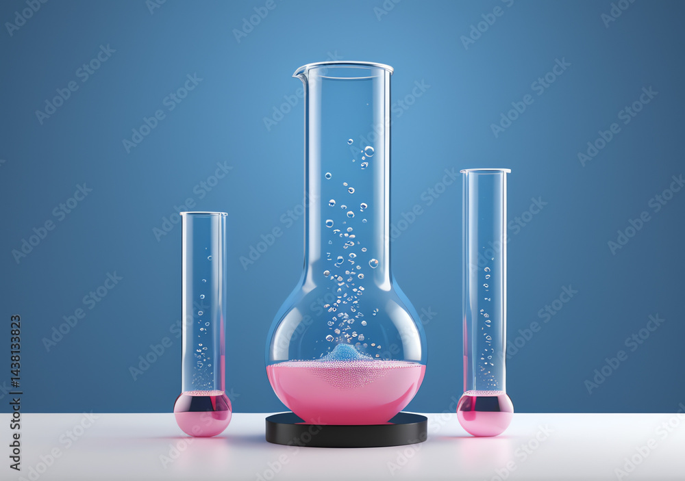 Test tube with pink liquid boiling with bubbles in blue background. High definition scientific laboratory