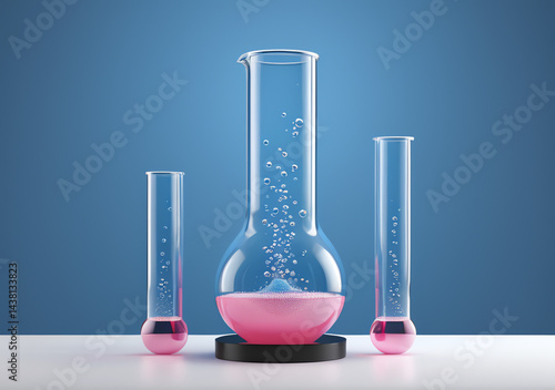 Obraz na płótnie Test tube with pink liquid boiling with bubbles in blue background. High definition scientific laboratory w salonie