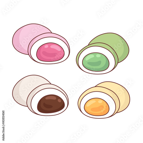 Mochi desserts with different flavors and fillings, set of cute cartoon style illustrations, drawings
