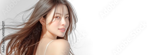 透明感あふれる肌と輝く笑顔が魅力的な若い女性モデル。美容、ビューティー、化粧品、コスメのバナー広告に最適なコピースペースのある背景素材。