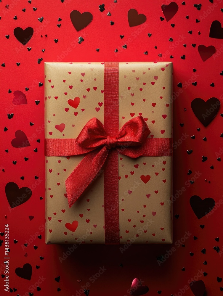 This image features a beautifully wrapped gift box adorned with red ribbons, gold foil, and heart-shaped confetti set against a vibrant red background. The gift box is the central focus of the image, This image features a beautifully wrapped gift box adorned with red ribbons, gold foil, and heart-shaped confetti set against a vibrant red background. The gift box is the central focus of the image,