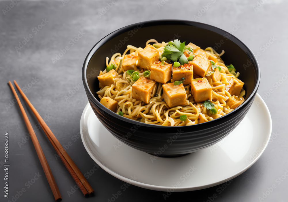 Paneer Hakka noodles served in an white bowl. Cinematic high definition food photography
