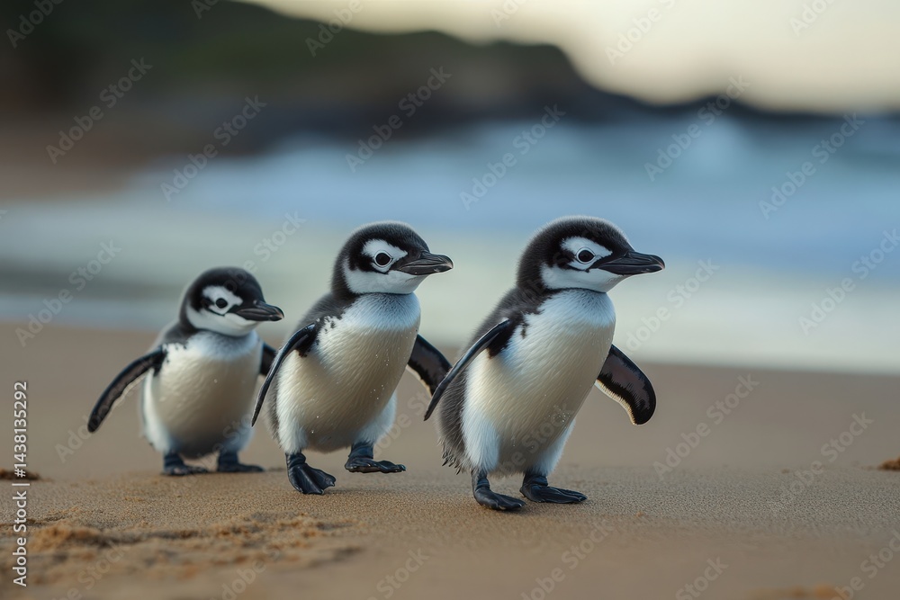 Naklejka premium Little penguins walking on beach at sunset with ocean breeze