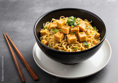 Obraz na płótnie Paneer Hakka noodles served in an white bowl. Cinematic high definition food photography w salonie