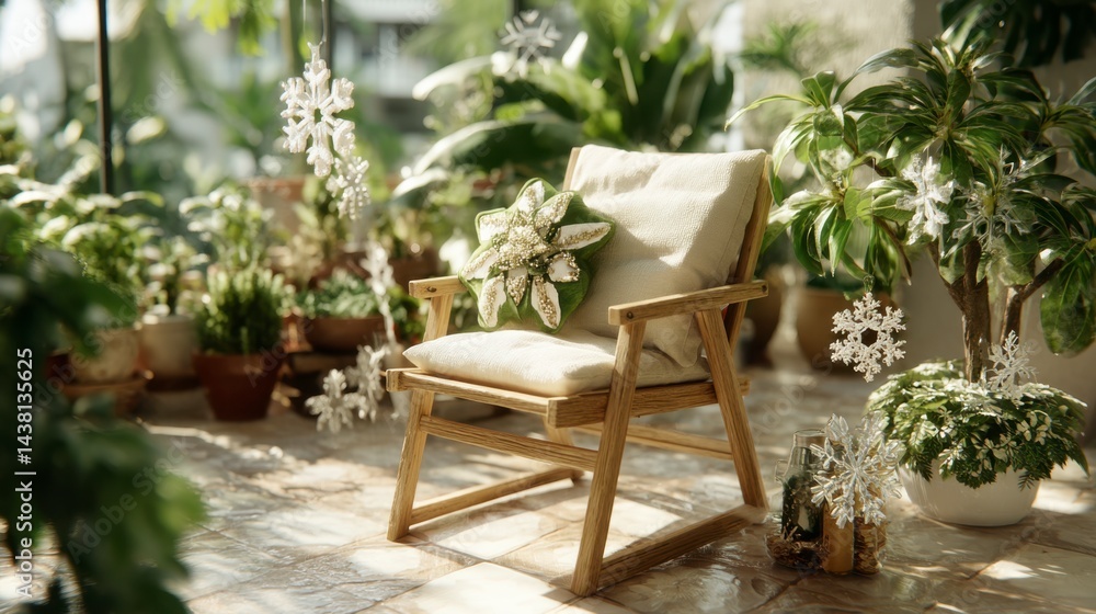 Fototapeta premium Wooden chair with white cushion sits amidst lush green plants and floating snowflakes, bathed in sunlight. Tranquil indoor scene.