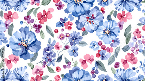 Seamless floral pattern, watercolor background pattern blue flowers on white background