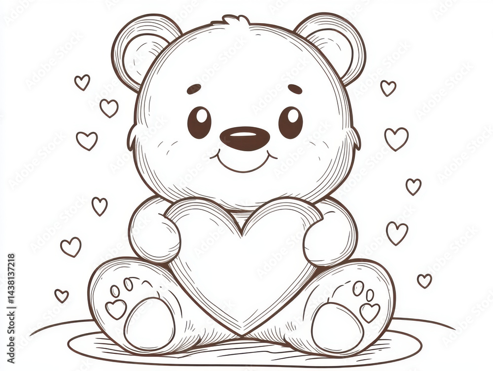 Obraz premium A sweet and endearing line art illustration in a coloring book style featuring a cute, cartoon teddy bear sitting down and holding a large heart shape 
