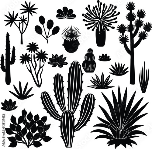 A set of black and white vector silhouettes of plants showcases a seamless floral pattern, an artistic nature illustration with leaf elements for vintage design and decoration