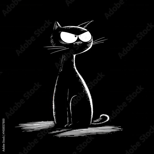 A black and white drawing of a cat with big eyes