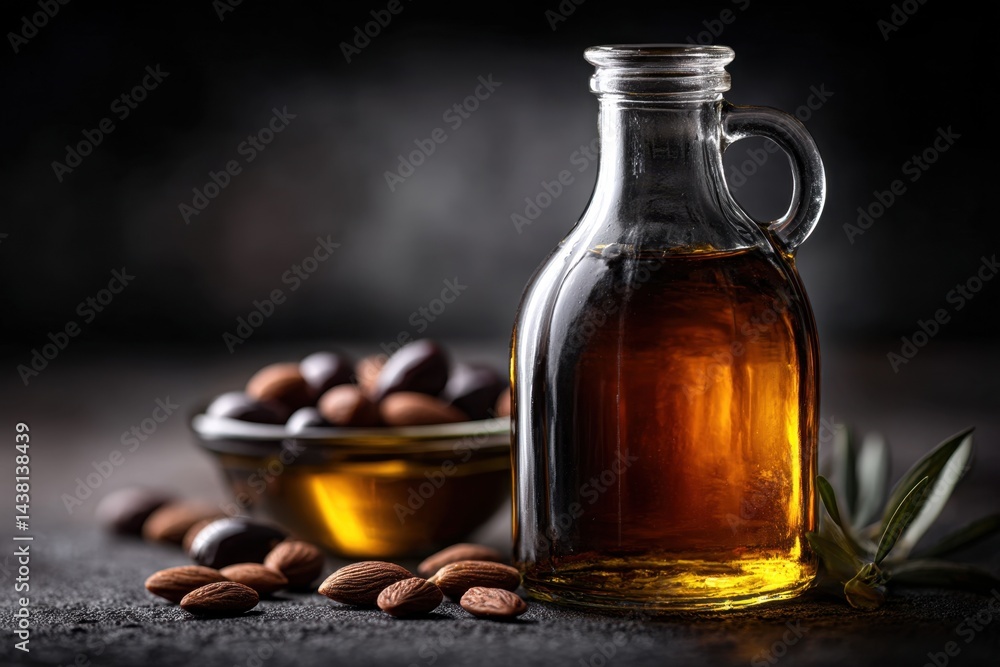 A bottle of olive oil next to a bowl of almonds A bottle of olive oil next to a bowl of almonds