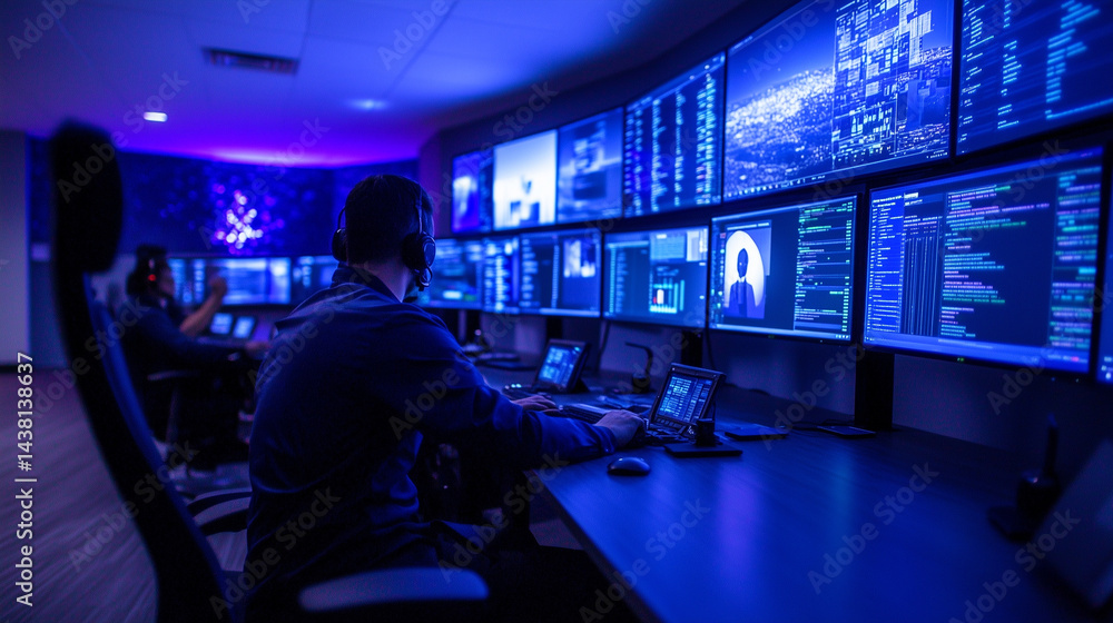 Cybersecurity operations center at night, glowing with blue and purple LED lights, team intensely monitors multiple large data screens