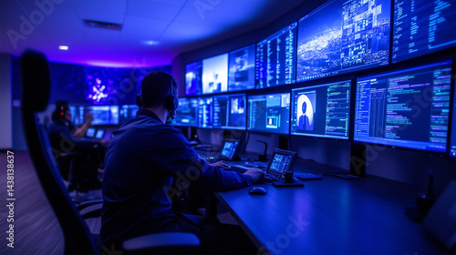 Obraz na płótnie Cybersecurity operations center at night, glowing with blue and purple LED lights, team intensely monitors multiple large data screens w salonie
