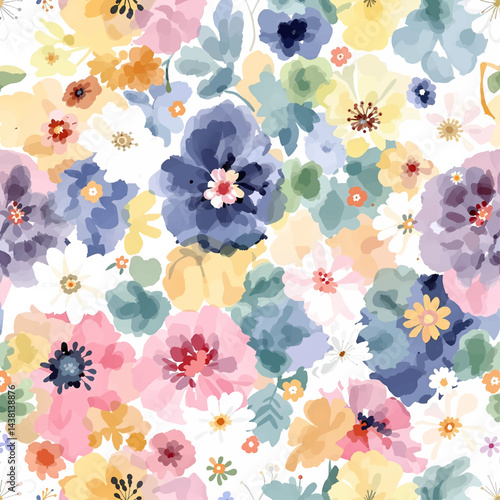 Seamless floral pattern, watercolor background pattern color flowers on white background