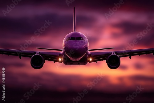 A large passenger jet flying through a cloudy sky at sunset