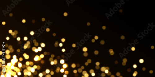 Gold light background with bokeh effect. Golden glittering lights on black background. Festive holiday shiny luxury backdrop. Abstract horizontal vector illustration.