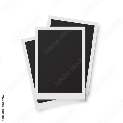 Stack of blank retro photo frames. Empty vintage photographs with white borders on white background. Collage template for memory album, scrapbook, or nostalgic design. Realistic vector illustration.