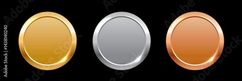 Gold, silver, bronze circle medals. Metal coins. First, second, third place award frames isolated on black background. Winners trophy. Blank shiny badge, label. Realistic vector illustration.