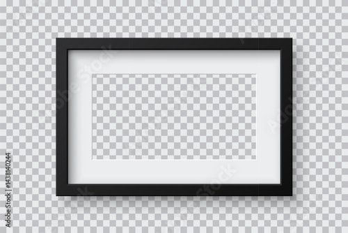 Rectangular picture frame with minimalist design. Black photo frame isolated on transparent background. Empty mockup. 3d realistic template vector illustration.