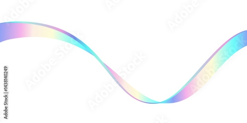Holographic ribbon wave. Colorful wavy line isolated on white background. Dynamic rainbow curve with pastel colors. Modern graphic vector illustration.