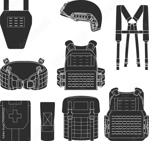 Tactical equipment icon set. Illustration of military belt. Military body armor. Helmet. Suspenders. Groin protector. Combat body armor. IFAK. Rifle magazine pouch. Military ammunition bag.