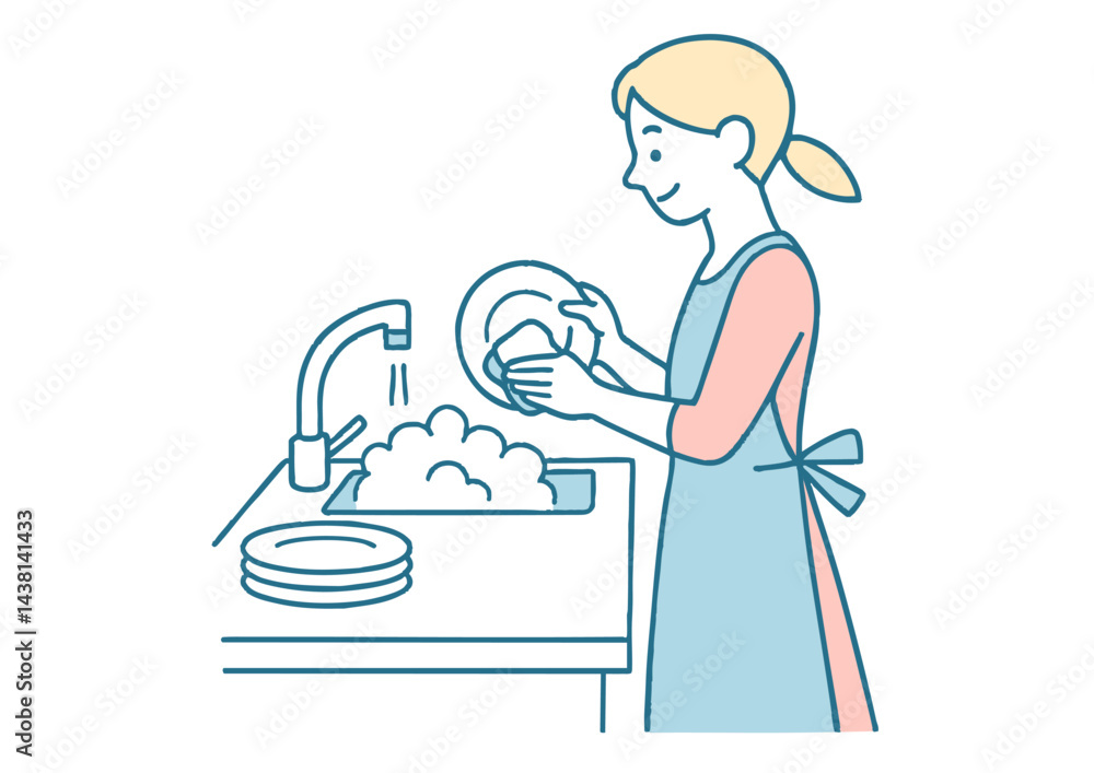 皿洗いをするエプロン姿の女性のイラスト
