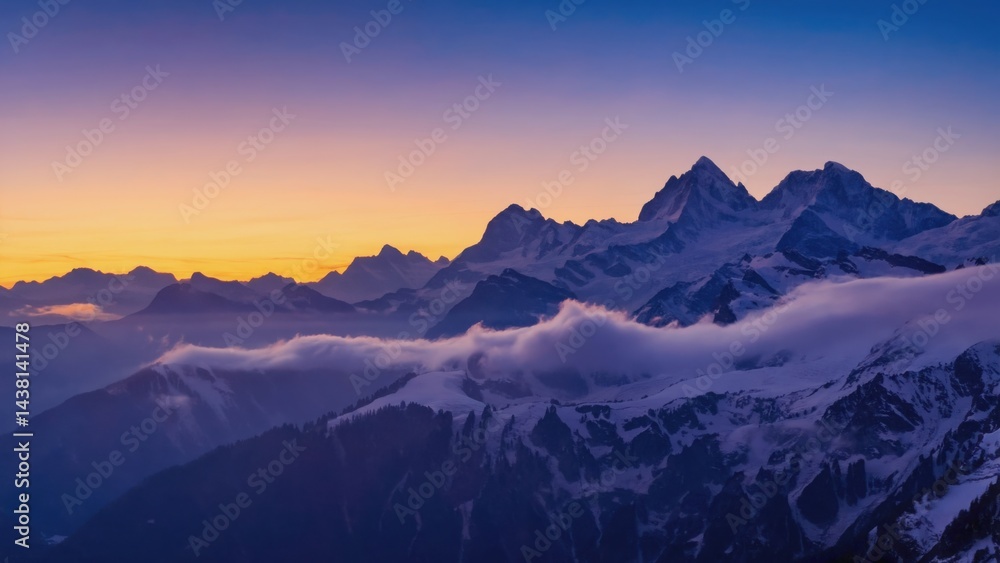 Majestic snowy mountain range kissed by a colorful pastel sunset above clouds Majestic snowy mountain range kissed by a colorful pastel sunset above clouds
