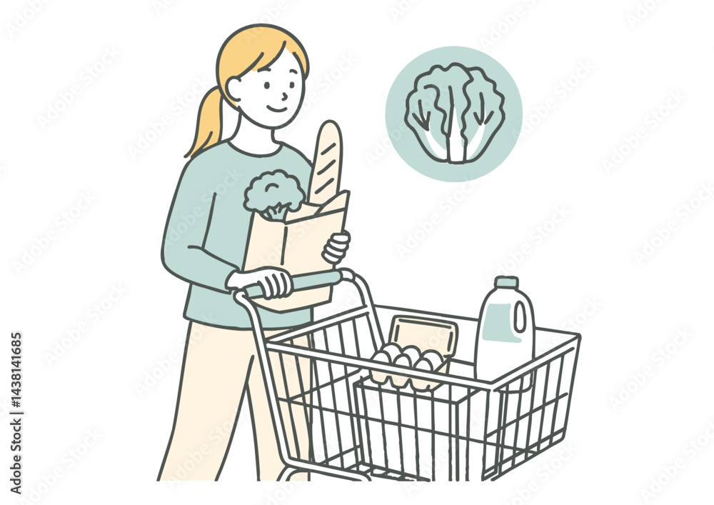 買い物カートを押す女性のイラスト(食品購入・白背景)