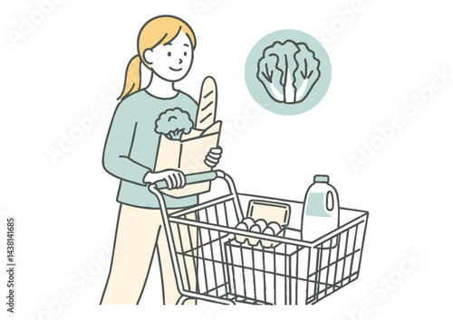 Obraz na płótnie 買い物カートを押す女性のイラスト(食品購入・白背景) w salonie