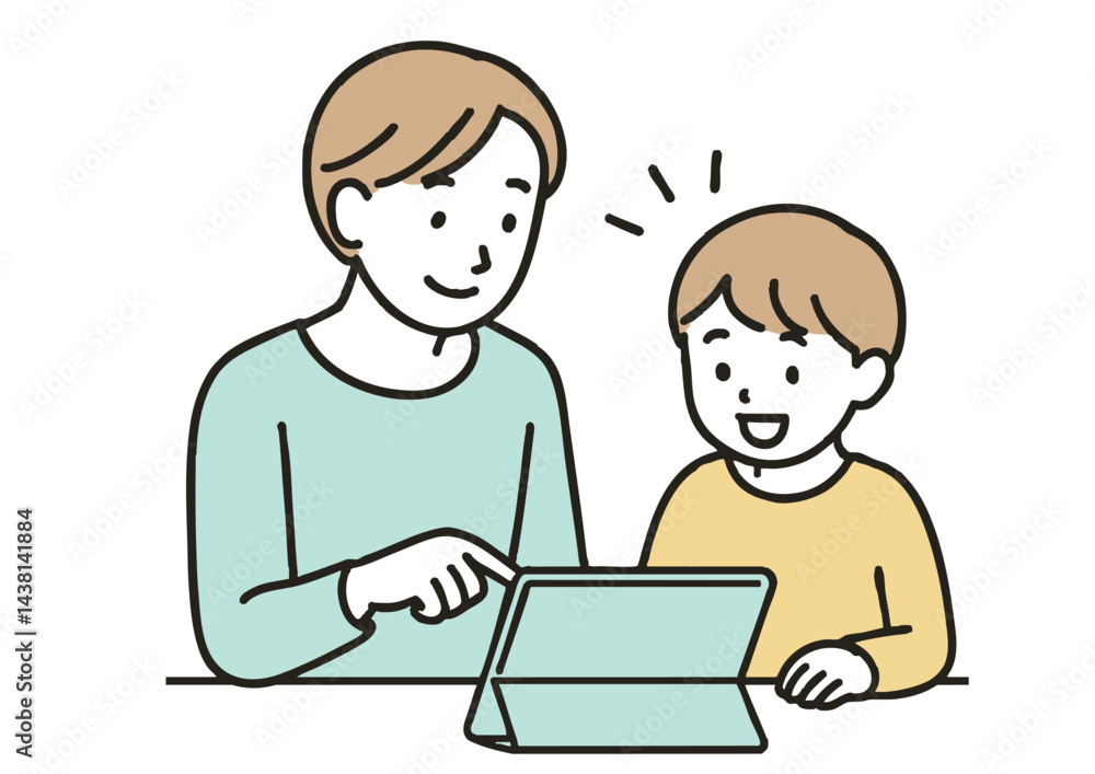 父親と息子がタブレットを使って一緒に学習している様子のイラスト