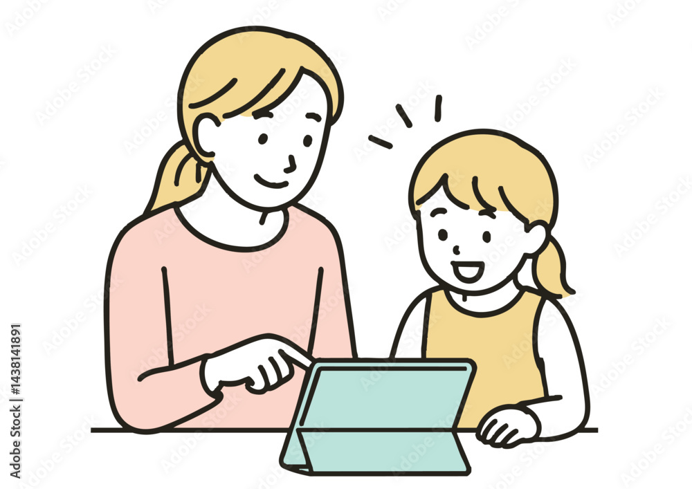親子でタブレットを使って学習している様子のイラスト