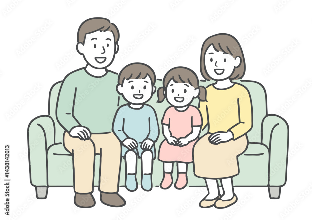 ソファに座って笑顔で過ごす家族4人のイラスト(白背景・団らん・リビング) ソファに座って笑顔で過ごす家族4人のイラスト(白背景・団らん・リビング)