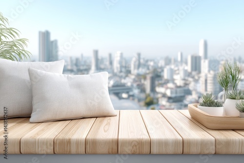 Wooden terrace with pillows and city view