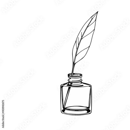 Elegant Quill Pen in Inkwell Line Art Illustration