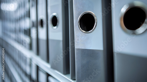 Organized rows of identical binders in soft highlights modern office business content minimalist environment close-up view