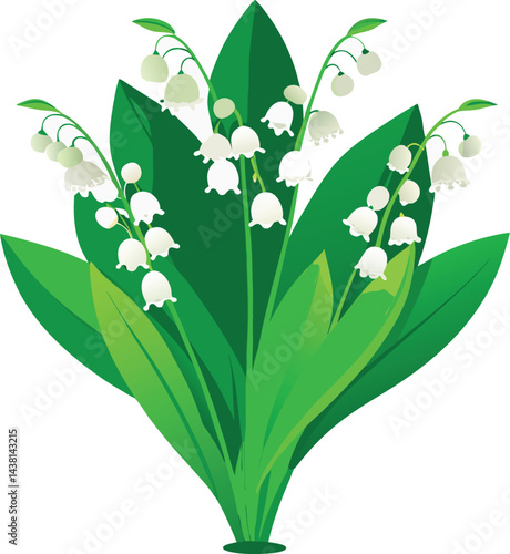 Spring nature design with a butterfly on a lily of the valley flower among other floral blossoms and leaves