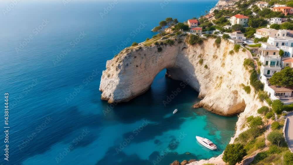 White rock formation with natural arch over clear turquoise sea on sunny day. Concept of natural beauty and travel destination White rock formation with natural arch over clear turquoise sea on sunny day. Concept of natural beauty and travel destination