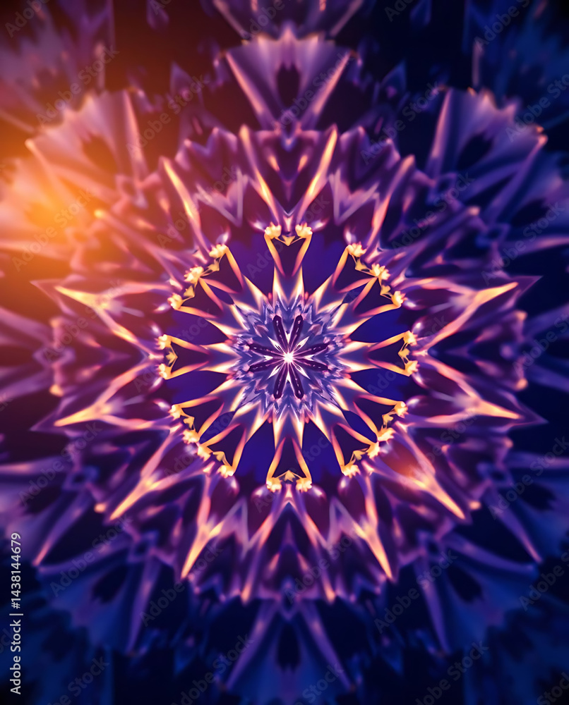 a mesmerizing kaleidoscope of Bluebells flower petals arranged in fractal symmetry, glowing softly against a deep indigo void, subtle prism refractions, created b y generative ai a mesmerizing kaleidoscope of Bluebells flower petals arranged in fractal symmetry, glowing softly against a deep indigo void, subtle prism refractions, created b y generative ai